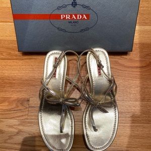 Prada Gold Leather in Sandal Wedge w Bow